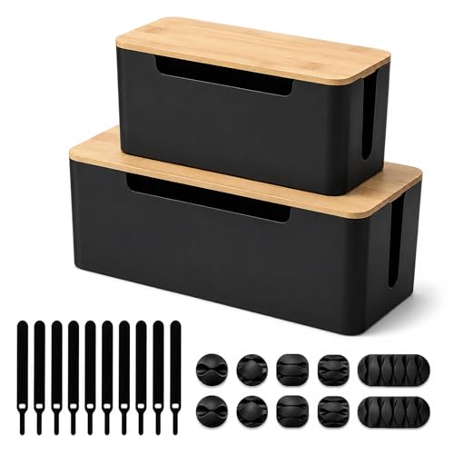 [Set of 2] Wood Cover Cable Management Box Set, Wire Ties Included to Organize Desk Cord Cables, Hide TV Computer Wires, Power Strips, USB Hub to Make Your Home, Office Neat and Clean (Black) - color: Black