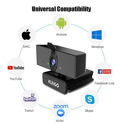 NexiGo N660 1080P Business Webcam, Dual Microphone & Privacy Cover, USB FHD Web Computer Camera, Plug and Play, for Zoom/Skype/Teams/Webex, Laptop MAC PC Desktop - color: Black