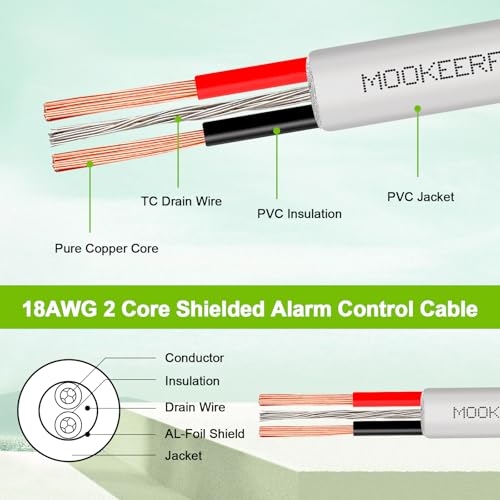MOOKEERF 18 AWG 2 Conductor Stranded Shielded Plenum Cable 100FT 18/2 Shielded Wire White CL3P Jacket for Security/Alarm/Access Control/Sound-18AWG 2 Conductors Wire - size: 100FT, style: 18/2