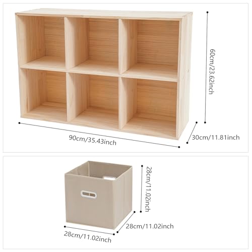 6 Cube Storage Organizer, Open Shelf Bookcase, Solid Wood Bookshelf with 3 Storage Bins, Vertical or Horizontal Book Shelf for Bedroom, Living Room, Office - size: 35.43*11.81*23.62in
