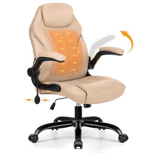 Ylzyxal Office Desk Chair, Ergonomic Computer Chair with Padded Flip-Up Arms and Adjustable Lumbar Support, PU Leather Executive Chair with Tilt Lock and 360° Swivel Rolling Wheels for Work, Study - color: Beige
