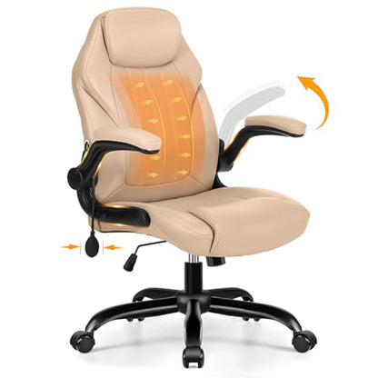Ylzyxal Office Desk Chair, Ergonomic Computer Chair with Padded Flip-Up Arms and Adjustable Lumbar Support, PU Leather Executive Chair with Tilt Lock and 360° Swivel Rolling Wheels for Work, Study - color: Beige