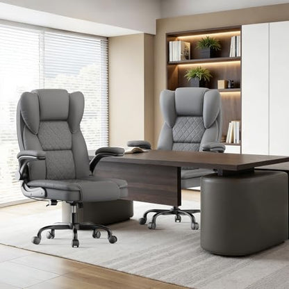 Ergonomic Executive PU Leather Office Chair with Lumbar Support, Home Office Desk Chair for Back Pain Relief, 135° Recline - color: Grey