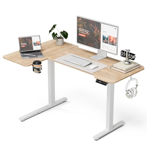 Acrolix L Shaped Electric Standing Desk, 51x31.5 Inch Reversible, Oak | 176 lb capacity,28.3-46.4" height,3 memory presets,quiet <45dB motor,cup holder&hook,home office gaming corner desk - color: Oak, size: 51