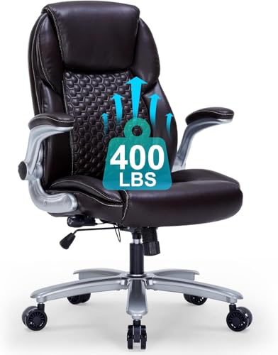 Big and Tall Office Chair PU Leather Flip-up Arms Adjustable Lumbar Support | Executive Office Chair Adjustable Height Swivel Space-Saving Rolling Computer Chair for Home Office BIFMA Certified-400LBS - color: Pu-brown
