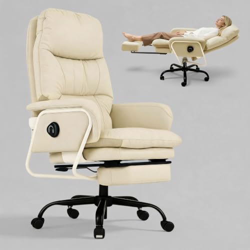 180° Reclining Office Chair with Footrest, PU Leather Desk Chair with 4-Position Backrest and Thick Cushion, Executive Computer Chair for Home Office, Work and Study,Beige - color: Beige