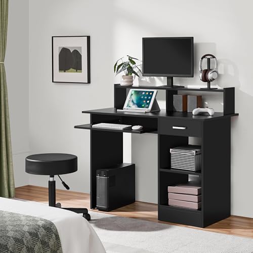 Yaheetech Computer Desk with Keyboard Tray, Drawers, and Shelves, Black | This Desk Has a Pull-Out Keyboard Tray, a Drawer, and an Adjustable Open Shelf for Books, Files, and Home Office Supplies. - color: Black