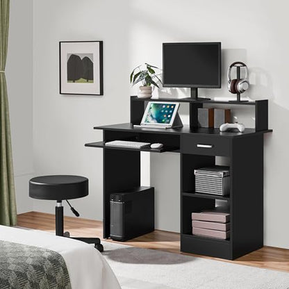 Yaheetech Computer Desk with Keyboard Tray, Drawers, and Shelves, Black | This Desk Has a Pull-Out Keyboard Tray, a Drawer, and an Adjustable Open Shelf for Books, Files, and Home Office Supplies. - color: Black