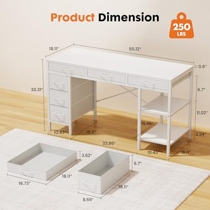 Sweetcrispy 55" Computer Desk with 6 Fabric Drawers & Storage Shelves - color: Pure White, size: 54.9 Inches