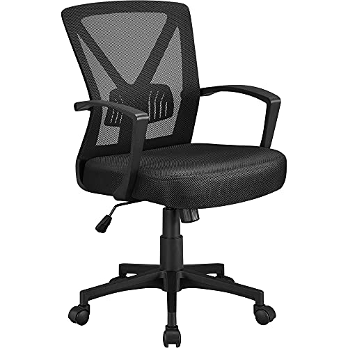 Yaheetech Mid-Back Mesh Task Office Desk Chair with Wheels and Arms, Black | Breathable mesh back and foam-padded seat for all-day comfort; sturdy metal frame, height adjustable, and easy to assemble - color: Black, style: Modern