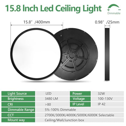4PK 15.8Inch Dimmable Black LED Flush Mount Ceiling Light,32W,3480LM,5CCT | 2700K/3000K/4000K/5000K/6000K CCT, Black Close to Ceiling Round Flat Panel Light, Super Slim LED Ceiling Light for Bedroom - color: Dimmable - Black