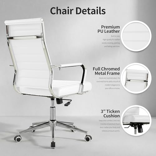 Okeysen White Office Desk Chair, Ergonomic Leather Modern Conference Room Chairs, Executive Ribbed Height Adjustable Swivel Rolling Chair for Home Office. - color: White