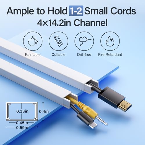 Delamu 56.7in Cord Hider, Cord Covers for 1-2 Wires on Wall, One-Cord Cable Hider, Easy Install Wire Hider Wire Covers for Cords on Wall, Cable Cover Raceway to Hide Wires Along Wall, W0.59 H0.4in - color: White, size: 56.7in L x 0.59in W x 0.4in H