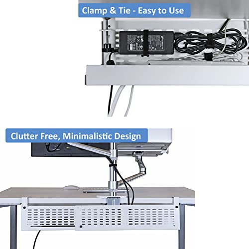 AEONS Under Desk Cable Management Tray Kit - Horizontal Adjustable up tp 41” Desk Organizer Removable C Clamp Mount Reversiable Computer Cord Raceway and Modesty Panel for Large Table, White/Beige - style: 41" White