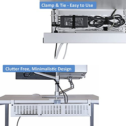 AEONS Under Desk Cable Management Tray Kit - Horizontal Adjustable up tp 41” Desk Organizer Removable C Clamp Mount Reversiable Computer Cord Raceway and Modesty Panel for Large Table, White/Beige - style: 41" White