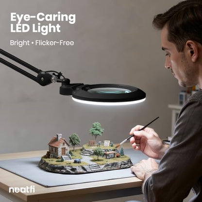 Neatfi XL Bifocal LED Magnifying Lamp, 7” Acrylic Lens, 2.25X/6X Magnification, 1,600 Lumens Dimmable | Hands-Free Close Work | Crafting, Jewelry & Reading (Black, 7-inch Lens, Non-CCT with Clamp) - color: Black, size: 7-inch Lens, Non-CCT with Clamp