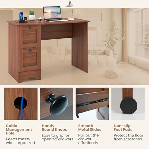 Tangkula Computer Desk with Drawers & Charging Station, Wooden Home Office Desk PC Laptop Notebook Desk, Compact Study Desk Writing Desk, Computer Workstation Ideal for Home & Office - color: Walnut
