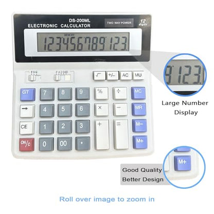 Desk Calculator Large 12 Digit Display, Dual Power Basic Calculator Desktop, Big Button for Office, Business, Home and School (Grey).