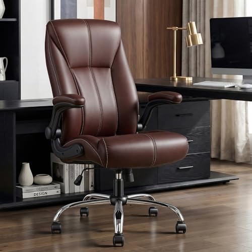 Big and Tall Office Chair for Heavy People, 400LBS High Back Extra Wide Executive PU Leather Office Chair with Flip-Up Armrests, Smooth Caster Wheels, Comfortable Home Office Desk Chair (Brown) - color: Brown - Rubber Wheels