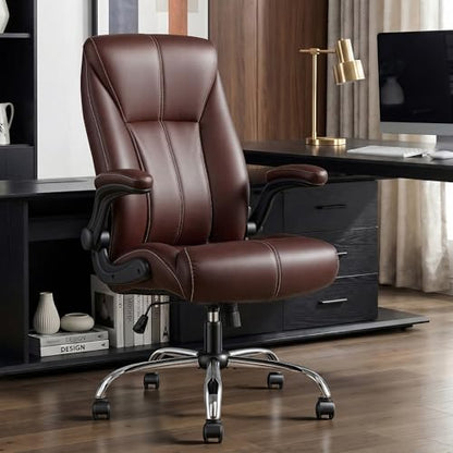 Big and Tall Office Chair for Heavy People, 400LBS High Back Extra Wide Executive PU Leather Office Chair with Flip-Up Armrests, Smooth Caster Wheels, Comfortable Home Office Desk Chair (Brown) - color: Brown - Rubber Wheels