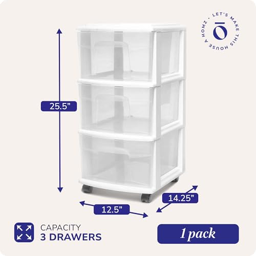 HOMZ Drawer Tower, 3-Tier Storage Cart with Removable Wheels, White Frame - color: White, size: 1 Pack