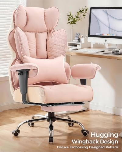 COMHOMA Big and Tall Office Chair Heavy Duty Gaming Chair with Deluxe Embossing Leather High Back Wider Ergonomic Computer Chair with Foot Rest 145°Reclining Pocket Spring Lumbar Support - color: Rose Pink