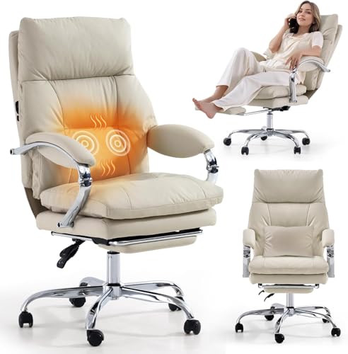 Massage Office Chair with Foot Rest Ergonomic Heated Desk Chairs | High Back PU Leather Massage Recliner with Lumbar Support 155° Reclining Swivel Wheels Computer Chairs for Home Office, White - color: Whtie