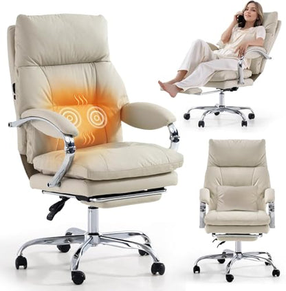 Massage Office Chair with Foot Rest Ergonomic Heated Desk Chairs | High Back PU Leather Massage Recliner with Lumbar Support 155° Reclining Swivel Wheels Computer Chairs for Home Office, White - color: Whtie
