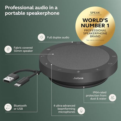 Jabra Speak2 55 Wireless Bluetooth Speakerphone (2025 Edition), Dark Grey | Portable Speakerphone, 4 Noise-Cancelling Microphones, Microsoft Teams Certified, Clear Sound for Online Meetings