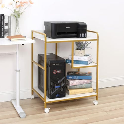 3-Tier Rolling Printer Cart Table Stand Shelves, PC Tower Stand Shelf With Wheels - Under Desk Shelf Unit Storage And Organization, End Sofa Table For Home, Office (White Gold) - color: White Gold