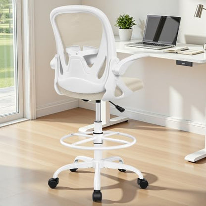Drafting Chair Tall Office Chair with Flip-up Armrests Executive Ergonomic Computer Standing Desk Chair with Lumbar Support and Adjustable Footrest Ring (Beige) - color: Beige, size: 934-Z