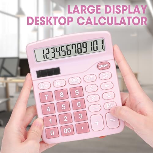 2 Pack Calculator, Pink Calculators Desktop 12 Digits with Large LCD Display and Sensitive Butto, Solar and Battery Dual Power, Desk Calculator - color: Pink-2P