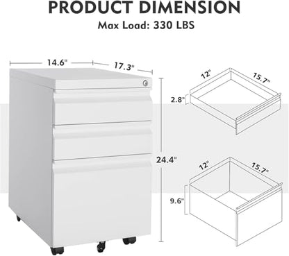 MIIIKO 3 Drawer File Cabinet on Wheels, Home Office Mobile File Drawers Under Desk, Full Assembled White Filing Cabinets with Lock for Legal/Letter/A4 File Folders - color: White, size: 3Drawer-24.5"H