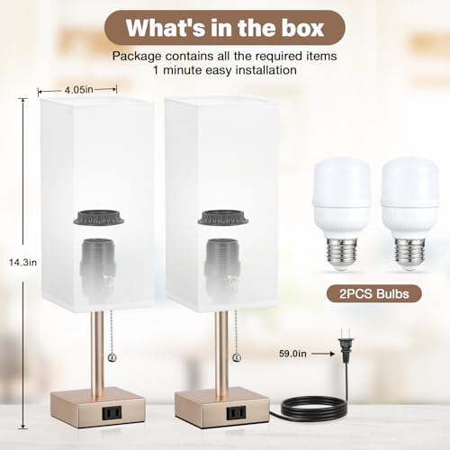 Bedside Lamp for Bedroom Set of 2 - Gold Table Lamp for Nightstand | AC Outlet, 3 Color Temperatures, LED Bulb Included, Pull Chain Design, 14" Rectangular Desk Lamp for Dorm/Office, 2-Pack - color: White & Antique White, size: 14.3In