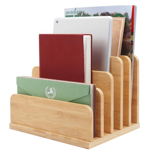 Desk File Mail Organizer Countertop, 5 Slots Bamboo Folder Sorter Holder for Letter, Envelope, Paper, Bill Filing, Desktop Tray Organizer for Office & Home