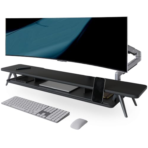 Fenge Dual Monitor Stand Riser, Wooden Desk Shelf with 2-Tier Storage - color: Black, size: 47.2 Inch