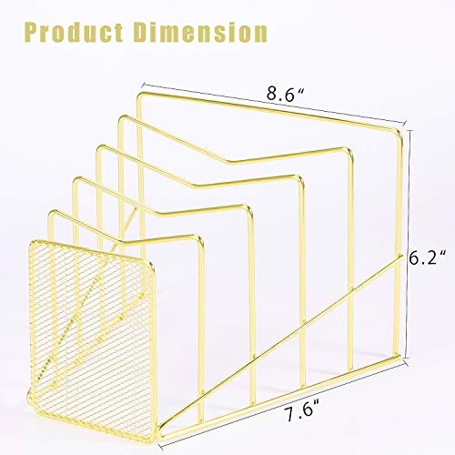 Incline File Sorter, Wire Magazine Holder Rack for Mails, Folders and Books, Desk Paper Storage Organizer for Home and Office, 5 Sections, Gold