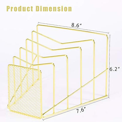 Incline File Sorter, Wire Magazine Holder Rack for Mails, Folders and Books, Desk Paper Storage Organizer for Home and Office, 5 Sections, Gold