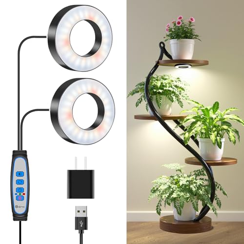 Wiaxulay Grow Lights for Indoor Plants, 96 LEDs Full Spectrum LED Plant Grow Light, 5V/2A Under Cabinet Grow Lamp with Auto Timer 6/12/16 Hrs, 3 Lighting Mode, 5 Brightness, Two Head (3.5in) - color: Black, size: 3.5in-2 Heads