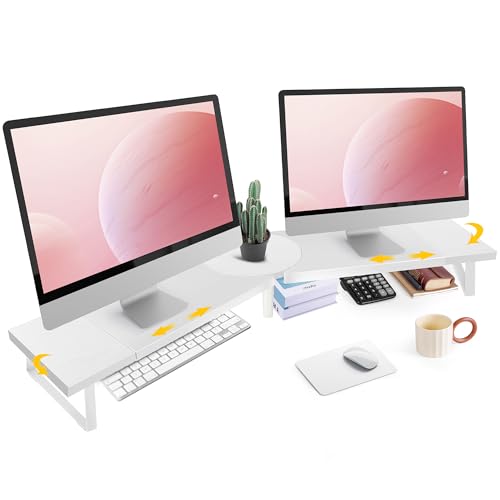 Across-Star Dual-Monitor Stand for Desk - Large Adjustable Length and Angle Riser for 2 Monitors, Double Computer Desktop Organizer, Shelf for TV, Laptop, Printer - color: White, size: 30.3-40.5‘’L*9.45‘’D*4.9‘’H