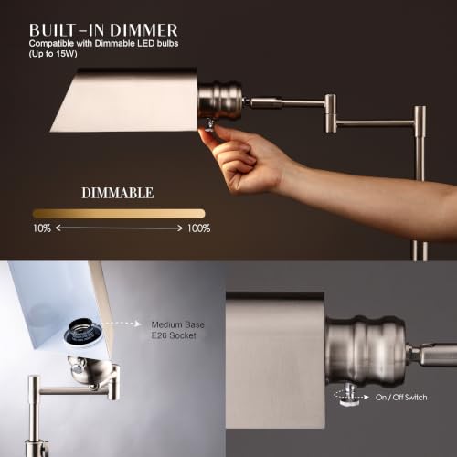 O’Bright Arcadia - Pharmacy Floor Lamp, Full Range Dimming, Swing Arm Task Lamp, E26 Socket, Bulb Replaceable, Adjustable Height 47” to 55”, 360° Rotatable Shade, All-Metal Design, Brushed Nickel - color: Brushed Nickel