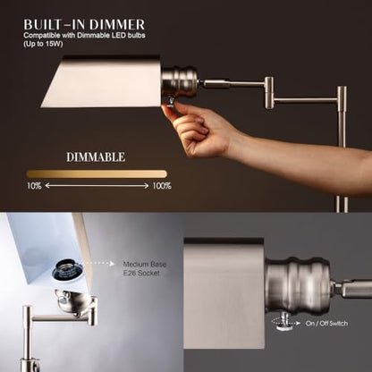 O’Bright Arcadia - Pharmacy Floor Lamp, Full Range Dimming, Swing Arm Task Lamp, E26 Socket, Bulb Replaceable, Adjustable Height 47” to 55”, 360° Rotatable Shade, All-Metal Design, Brushed Nickel - color: Brushed Nickel