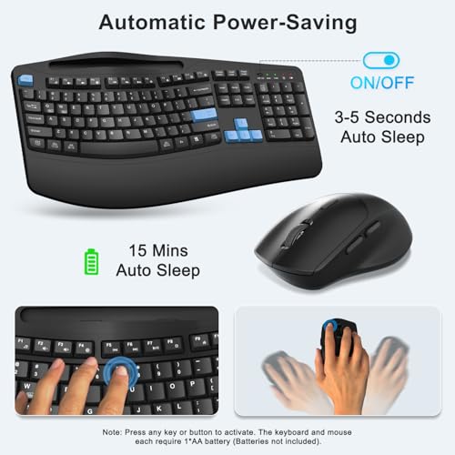 Wireless Keyboard and Mouse Combo, Full Size Ergonomic Wave Keys(Blue) - color: Blue Black