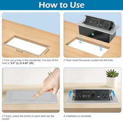 Table Pop Up Outlet, Desktop Pop Up Socket Center Countertop Socket Multimedia Strip Socket Connection Box Countertop with USB 3.0/2×AC/2×HDMI/USB-A/USB-C/LAN for Conference Desk Office(Silver-3) - style: Silver-3