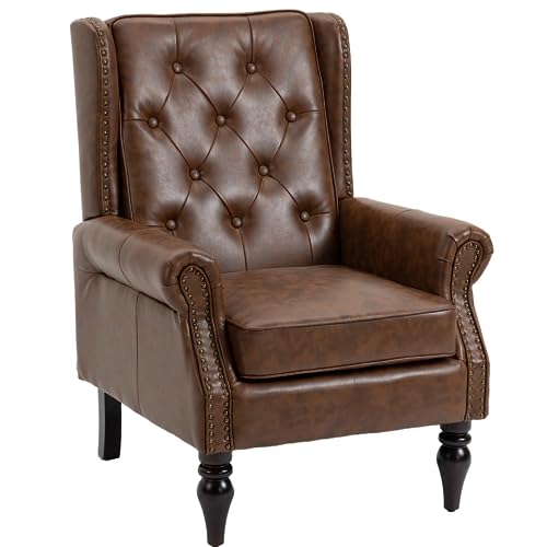 Mid-Century Wingback Chair, PU Leather Accent Chair Armchair with Buttons,Modern Living Room Chairs with Rivet Decoration,Leisure Single Sofa Chair for Bedroom,Club,Home Reception (PU Brown) - color: Pu Brown