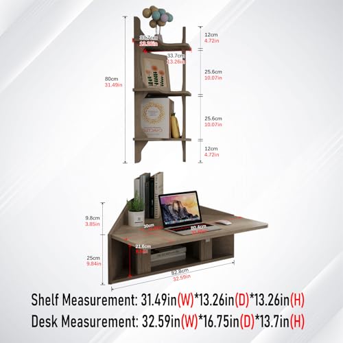 Pmnianhua Floating Corner Desk,Wall Mounted Table with Shelves,Folding Corner Shelf,Wall Corner Shelf for Small Space Computer(Rustic Grey)