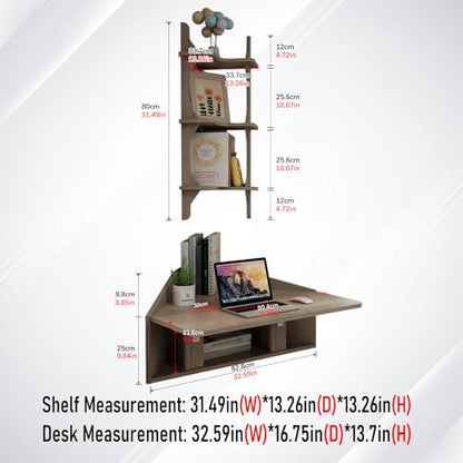 Pmnianhua Floating Corner Desk,Wall Mounted Table with Shelves,Folding Corner Shelf,Wall Corner Shelf for Small Space Computer(Rustic Grey)