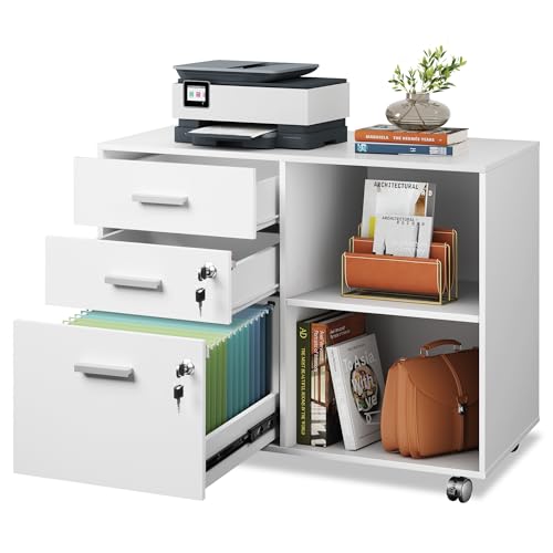 DEVAISE 3-Drawer File Cabinet with Lock, Mobile Wood Filing Cabinet, White | Rolling Printer Stand, Office Cabinet, Open Storage Shelves, Letter & A4 Compatible, Home Office, Under Desk Storage - color: White