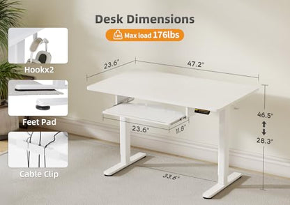Claiks Electric Standing Desk 48x24 with Keyboard Tray White | Splice board desktop, 28.3-46.5 inch height range, 176 lbs capacity, 3 memory presets, quiet motor - color: White