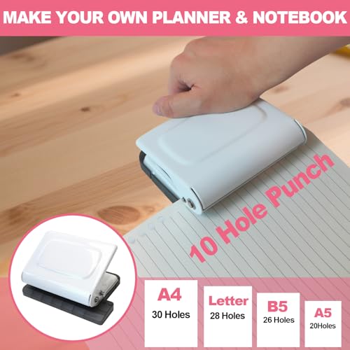 10 Hole Punch Binding Machine for Planner, Manual Binding System with 10 Multi-Color Binder Rings for Making 26 Holes on B5, 30 Holes on A4, 20 Holes on A5 Book, 10 Sheet Capacity - White - color: White